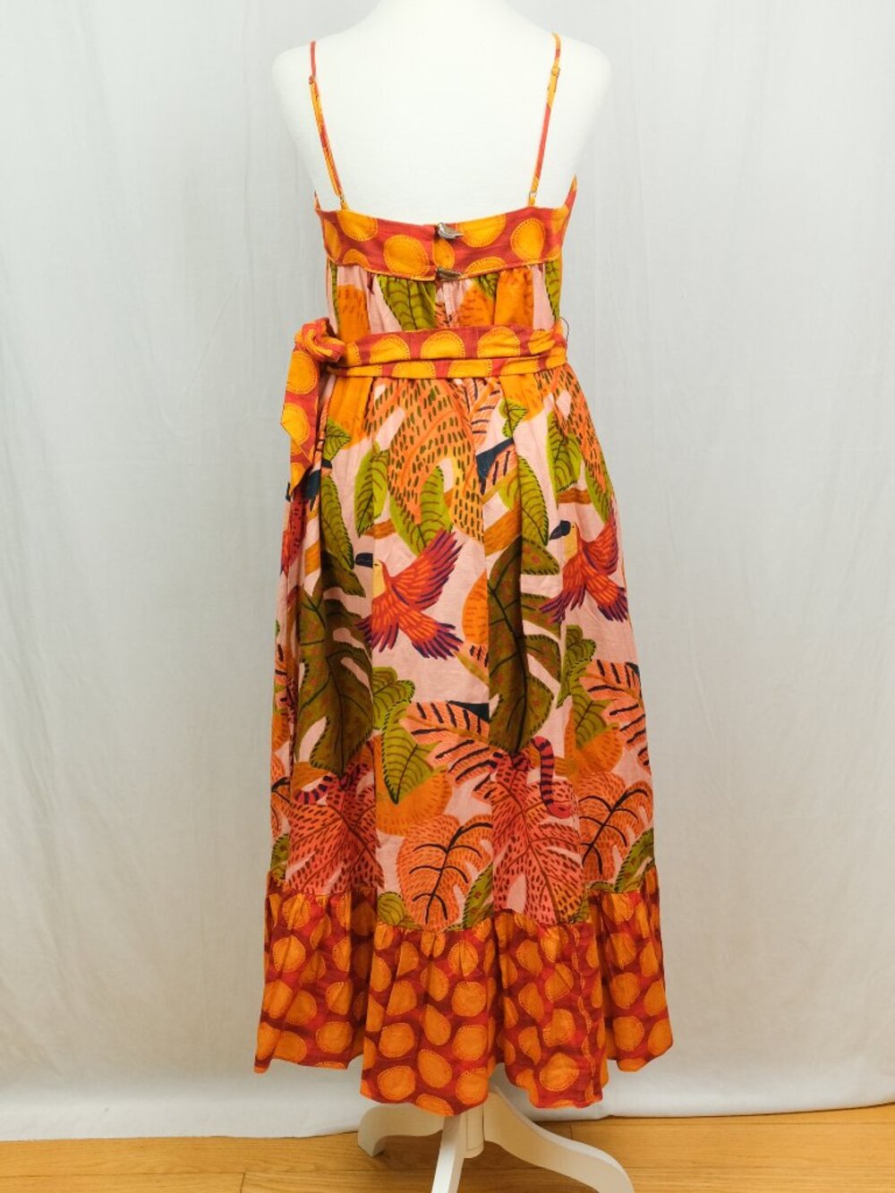 FARM Rio Pink Orange Green Leaf-Print Strapless Maxi Dress - Picture 4 of 10